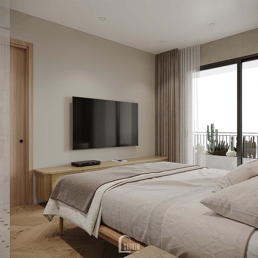Thiết kế phòng ngủ master chung cư phong cách Wabi Sabi dự án Feliz Homes Hoàng Mai 120m2