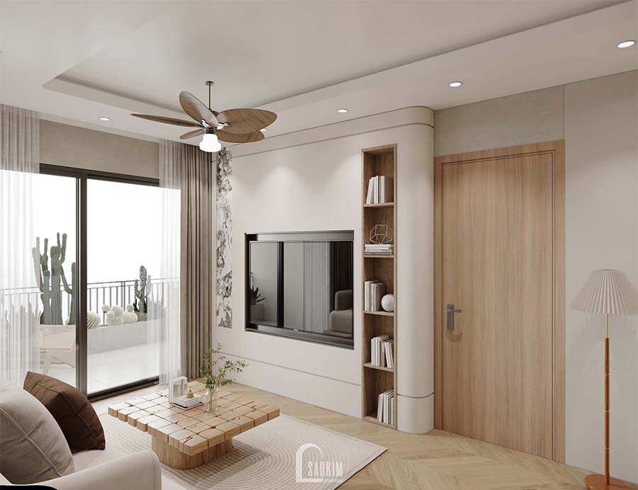 Thiết kế phòng khách chung cư phong cách Wabi Sabi dự án Feliz Homes Hoàng Mai