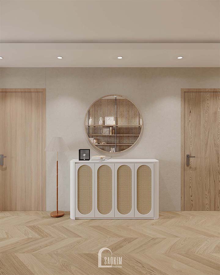 Thiết kế phòng khách chung cư phong cách Wabi Sabi dự án Feliz Homes Hoàng Mai 120m2