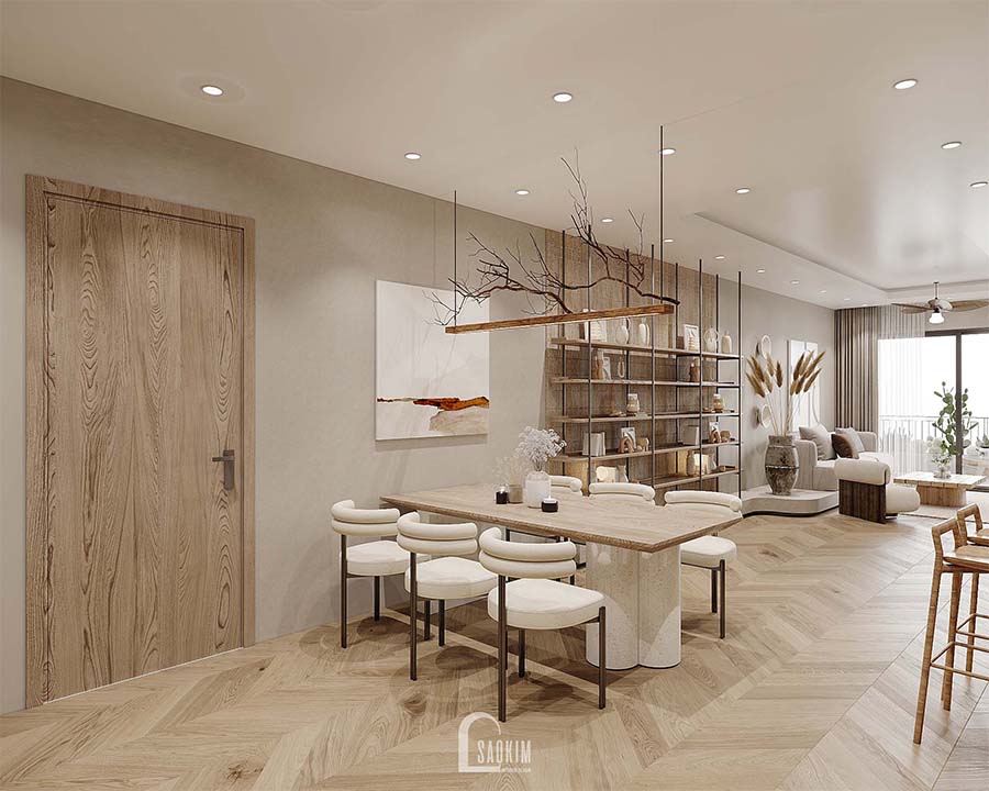 Thiết kế phòng ăn chung cư phong cách Wabi Sabi dự án Feliz Homes Hoàng Mai 120m2