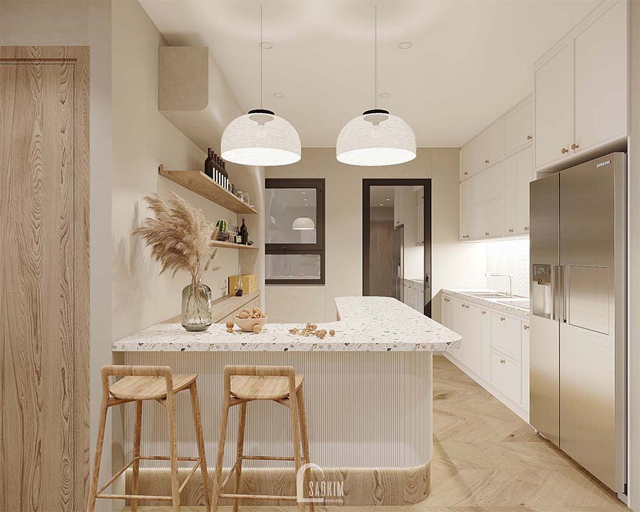 Thiết kế phòng bếp chung cư phong cách Wabi Sabi dự án Feliz Homes Hoàng Mai 120m2