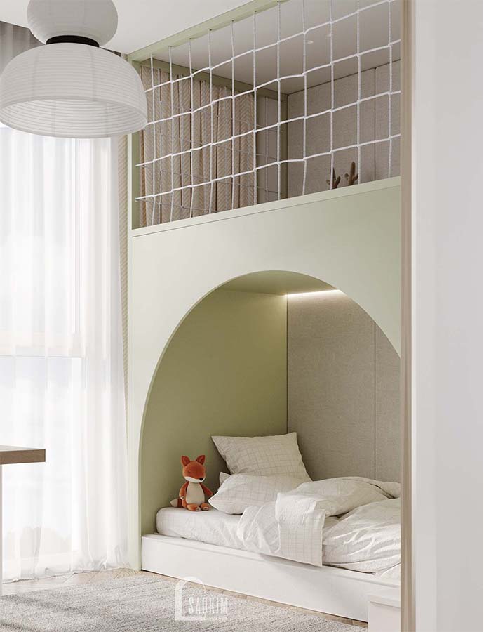 Thiết kế thi công nội thất phòng ngủ cho bé chung cư Mullberry Lane với hệ giường tầng và màu pastel nhẹ nhàng, tươi sáng