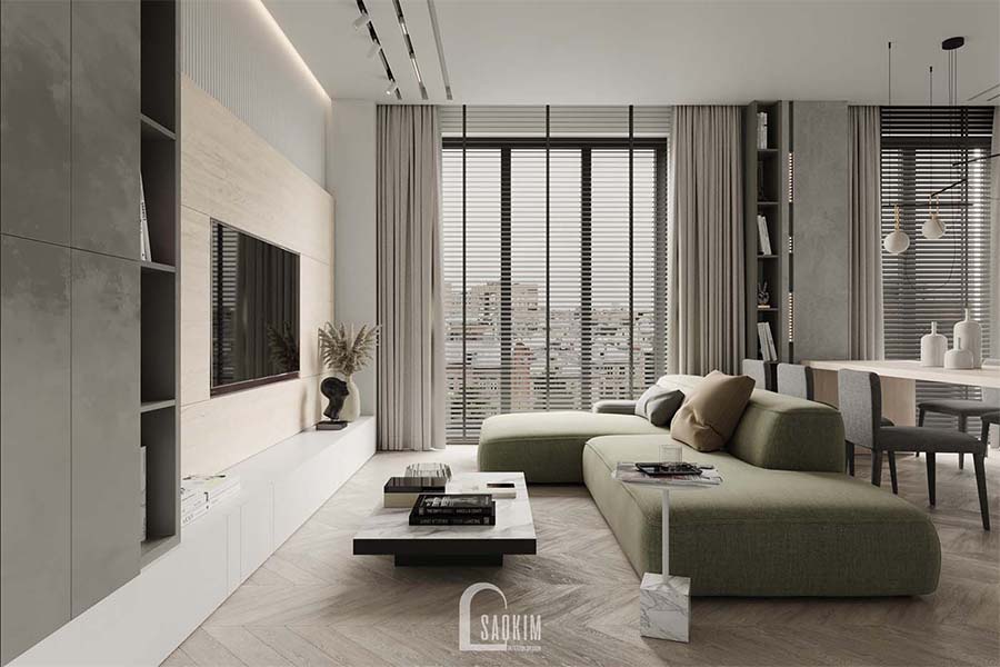 Thiết kế thi công nội thất phòng khách chung cư 3 phòng ngủ Mullberry Lane 113m2 với vẻ đẹp tươi mới
