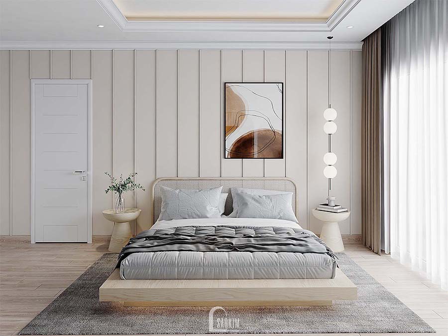 Thiết kế nội thất phòng ngủ master chung cư Royal City mang vẻ đẹp thanh lịch, trang nhã của phong cách Scandinavian Farmhouse
