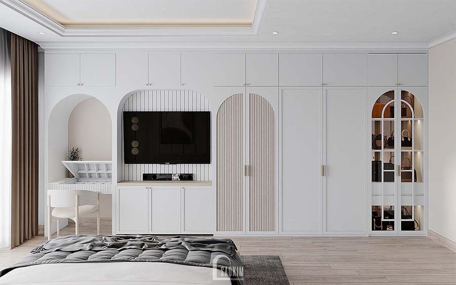 Thiết kế nội thất phòng ngủ master chung cư Royal City mang vẻ đẹp thanh lịch, trang nhã của phong cách Scandinavian Farmhouse