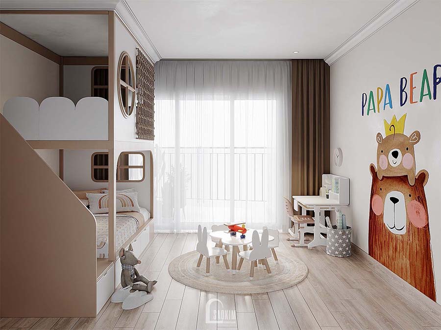 Thiết kế nội thất phòng ngủ con chung cư Royal City với hệ giường tầng xinh xắn, an toàn 