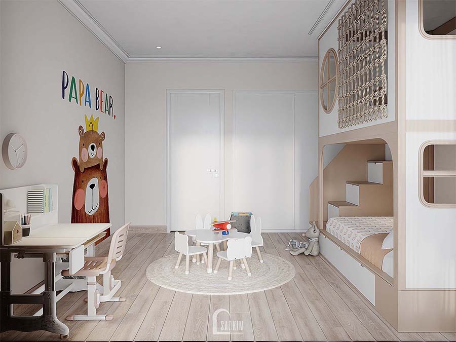 Thiết kế nội thất phòng ngủ trẻ em chung cư Royal City gam màu hồng phấn với hệ giường tầng xinh xắn, an toàn 