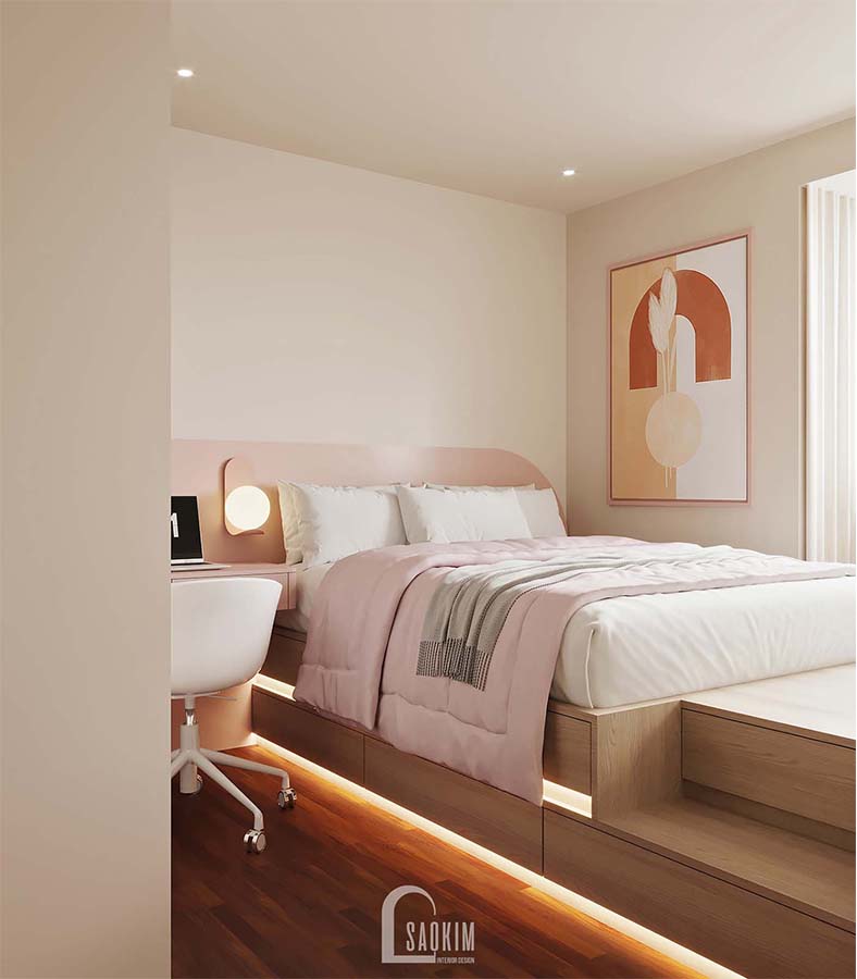 Thiết kế thi công phòng ngủ con gái căn hộ 3 ngủ vinhomes smart city phong cách Minimalist với điểm nhấn gam màu cam đào