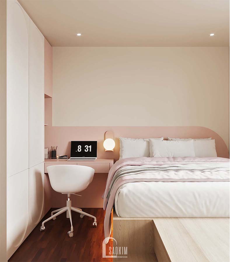 Thiết kế thi công phòng ngủ con gái căn hộ 3 ngủ vinhomes smart city phong cách Minimalist với điểm nhấn gam màu cam đào
