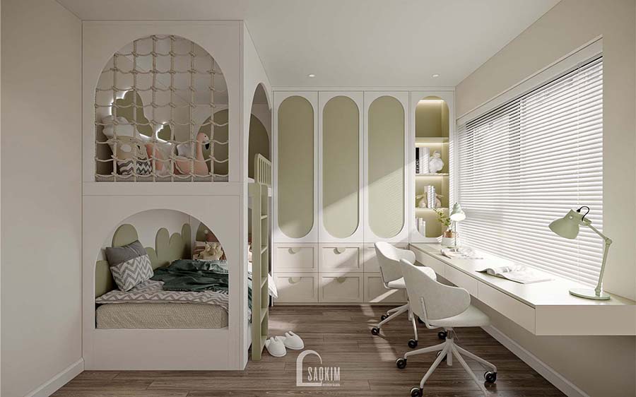Thiết kế nội thất phòng ngủ cho bé chung cư phong cách Korean Chic dự án Vinhomes Ocean Park bố trí hệ giường tầng với sự kết hợp của gam màu trắng và xanh lá