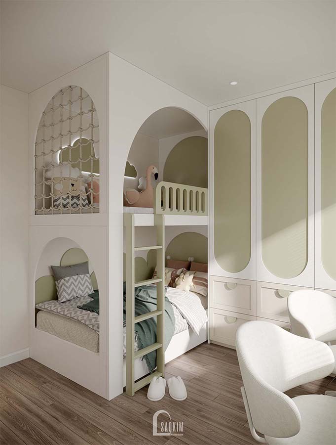 Thiết kế nội thất phòng ngủ cho bé chung cư phong cách Korean Chic dự án Vinhomes Ocean Park gam màu trắng, xanh lá