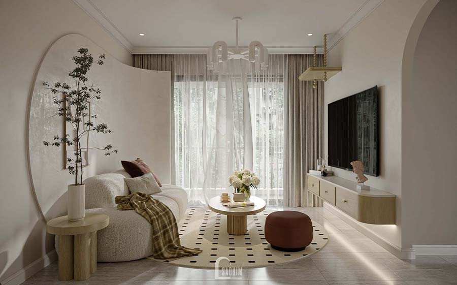 Thiết kế nội thất phòng khách chung cư phong cách Korean Chic dự án Vinhomes Ocean Park với gam màu trắng kem làm chủ đạo