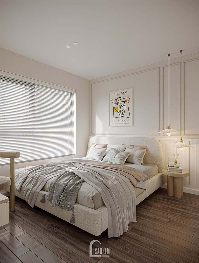 Thiết kế nội thất phòng ngủ master chung cư phong cách Korean Chic dự án Vinhomes Ocean Park gam màu trắng kem đẹp trang nhã, thanh lịch