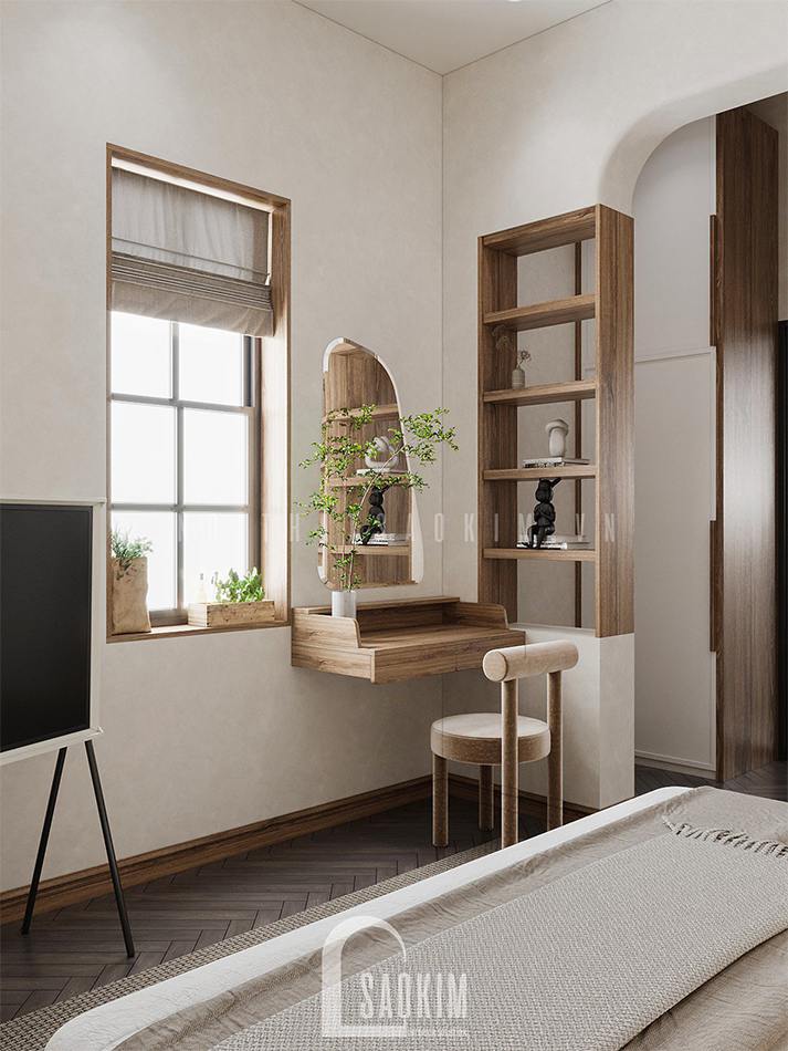 Bản vẽ thiết kế phòng ngủ nhà 50m2 1 tầng Cổ Nhuế đẹp cuốn hút theo phong cách Wabi Sabi với gam màu trắng kết hợp màu gỗ nâu