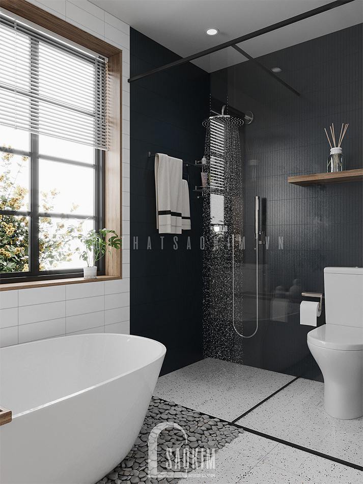 Bản vẽ thiết kế phòng tắm nhà 50m2 1 tầng Cổ Nhuế đẹp cuốn hút theo phong cách Wabi Sabi với gam màu trắng kết hợp màu gỗ nâu và điểm nhấn đến từ gạch ốp tường màu xanh dương