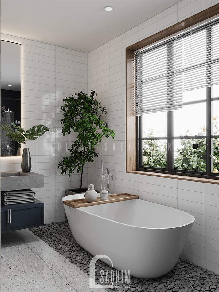 Bản vẽ thiết kế phòng tắm nhà 50m2 1 tầng Cổ Nhuế đẹp cuốn hút theo phong cách Wabi Sabi với gam màu trắng kết hợp màu gỗ nâu và điểm nhấn màu xanh dương