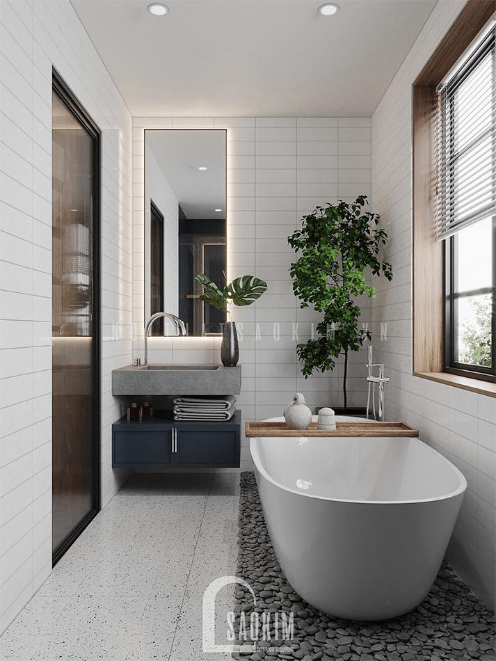 Bản vẽ thiết kế phòng tắm nhà 50m2 1 tầng Cổ Nhuế đẹp cuốn hút theo phong cách Wabi Sabi với gam màu trắng kết hợp màu gỗ nâu và điểm nhấn đến từ tủ lavabo màu xanh dương