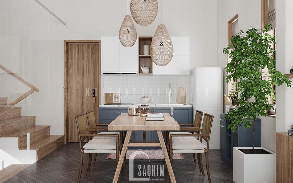 Thiết kế phòng bếp nhà 50m2 1 tầng Cổ Nhuế đẹp cuốn hút theo phong cách Wabi Sabi với gam màu trắng làm chủ đạo, màu xanh dương làm điểm nhấn
