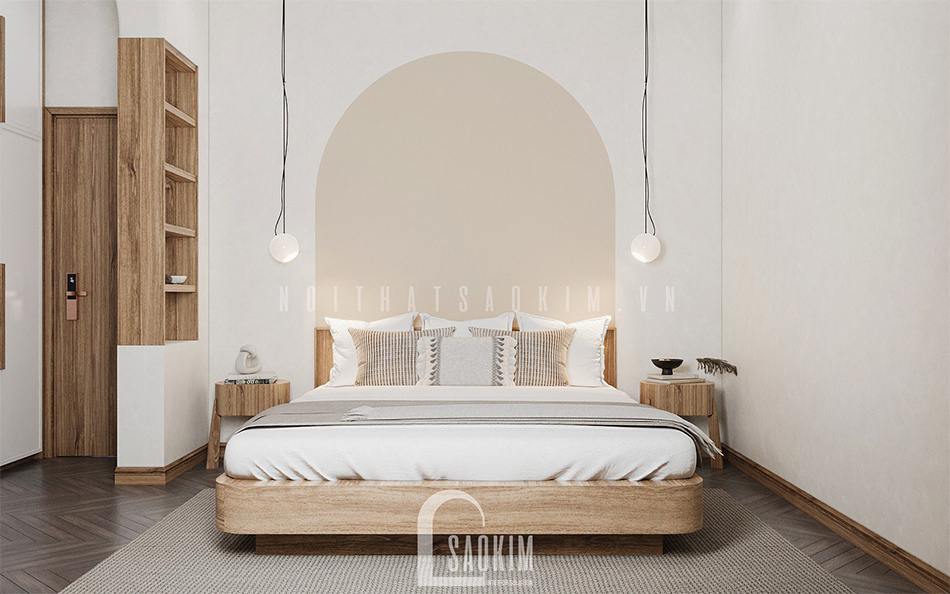 Bản vẽ thiết kế phòng ngủ nhà 50m2 1 tầng Cổ Nhuế đẹp cuốn hút theo phong cách Wabi Sabi với gam màu trắng làm chủ đạo