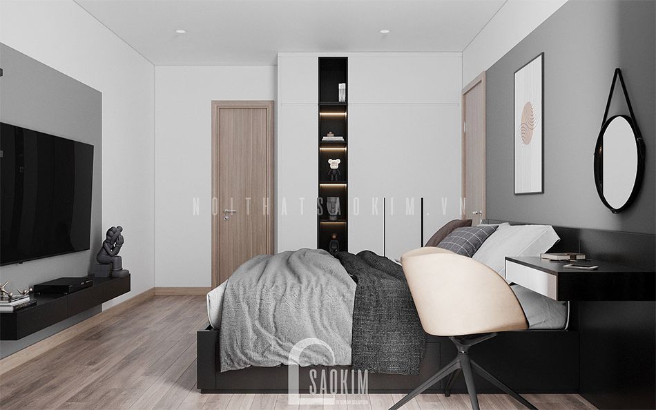 Thiết kế phòng ngủ master căn hộ phong cách hiện đại 92m2 Thiên Niên Kỷ (Ha Tay Millennium) gam màu xám