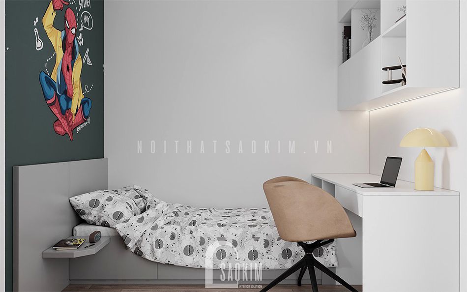 Thiết kế phòng ngủ con trai căn hộ phong cách hiện đại 92m2 Thiên Niên Kỷ (Ha Tay Millennium) gam màu xám