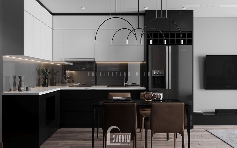 Thiết kế phòng bếp căn hộ phong cách hiện đại 92m2 Thiên Niên Kỷ (Ha Tay Millennium) gam màu xám