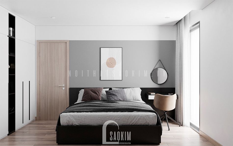 Thiết kế phòng ngủ master căn hộ phong cách hiện đại 92m2 Thiên Niên Kỷ (Ha Tay Millennium) gam màu xám