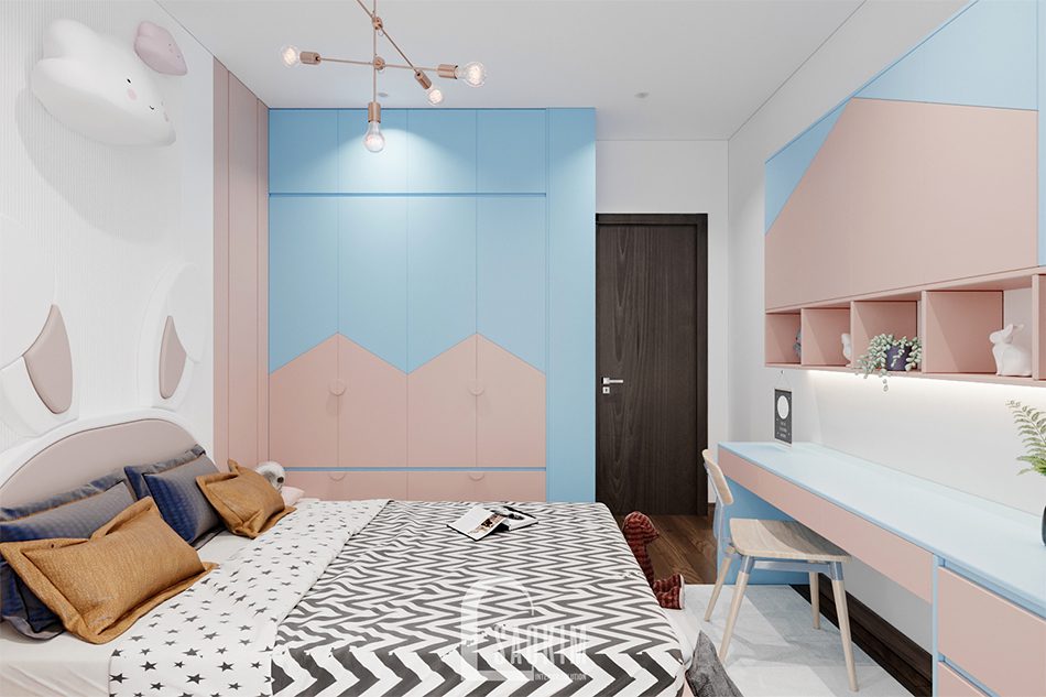 Thiết kế phòng ngủ bé gái chung cư The Zen Gamuda 157m2 gam màu xanh dương và hồng pastel