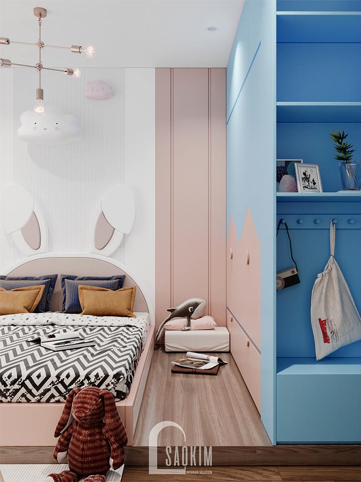 Thiết kế phòng ngủ bé gái chung cư The Zen Gamuda 157m2 gam màu xanh dương và hồng pastel