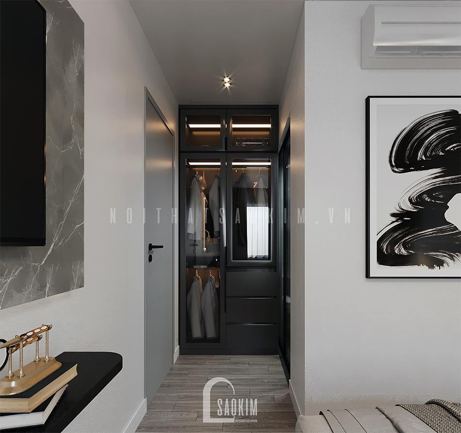 Thiết kế phòng ngủ master chung cư 97m2 Le Grand Jarrdin kết hợp tông màu đen - trắng đẹp ngỡ ngàng với tủ quần áo cánh kính