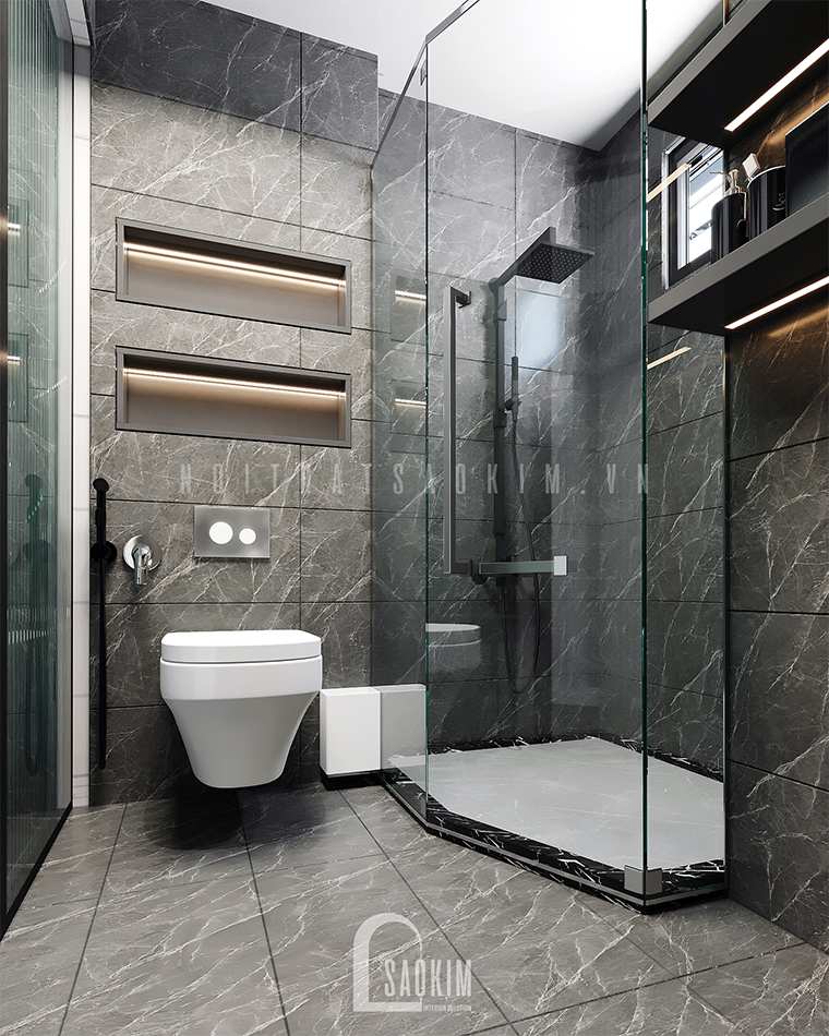 Thiết kế phòng tắm chung cư 97m2 Le Grand Jarrdin kết hợp tông màu đen - trắng đẹp ngỡ ngàng