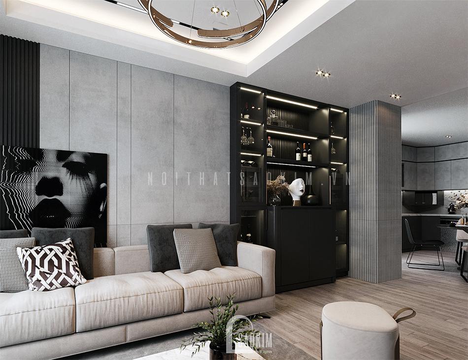 Thiết kế phòng khách chung cư 97m2 đẹp  Le Grand Jarrdin kết hợp tông màu đen - trắng đẹp ngỡ ngàng
