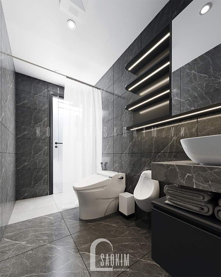 Thiết kế phòng tắm chung cư 97m2 Le Grand Jarrdin kết hợp tông màu đen - trắng đẹp ngỡ ngàng