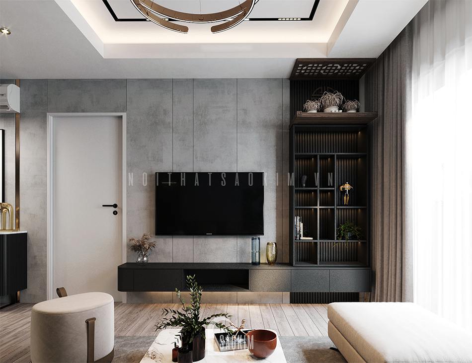 Thiết kế phòng khách chung cư 97m2 Le Grand Jarrdin kết hợp tông màu đen - trắng đẹp ngỡ ngàng