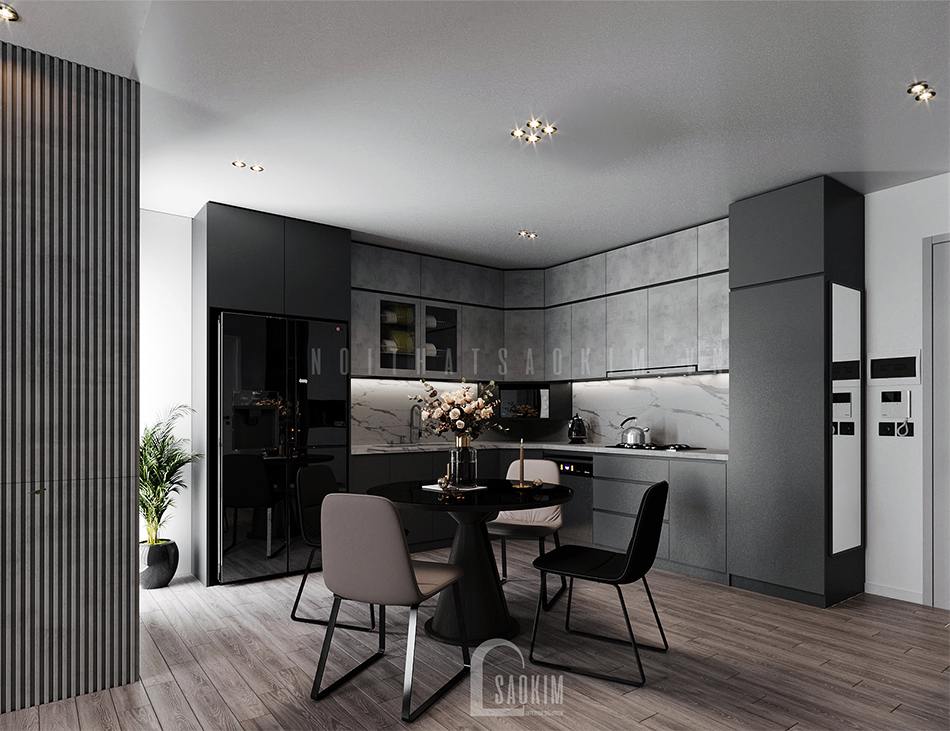 Thiết kế phòng bếp chung cư 97m2 Le Grand Jarrdin kết hợp tông màu đen - trắng đẹp ngỡ ngàng