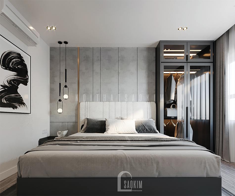 Thiết kế phòng ngủ master chung cư đẹp 97m2 Le Grand Jarrdin kết hợp tông màu đen - trắng đẹp ngỡ ngàng