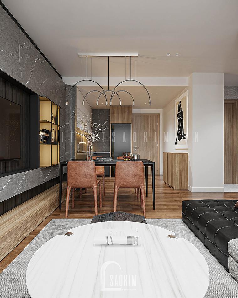 Thiết kế nội thất phòng ăn chung cư Vinhomes Smart City 2 ngủ + 1 bản phối hoàn hảo giữa gam màu nâu gỗ, xám, đen và trắng