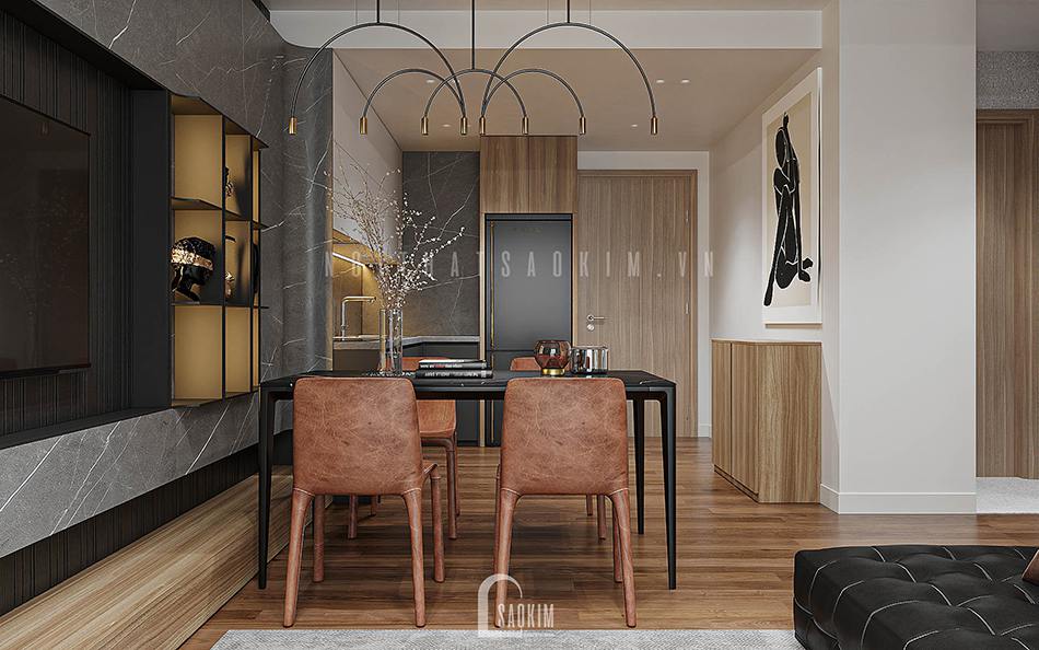 Thiết kế nội thất chung cư Vinhomes Smart City 2 ngủ + 1 bản phối hoàn hảo giữa gam màu nâu gỗ, xám, đen và trắng
