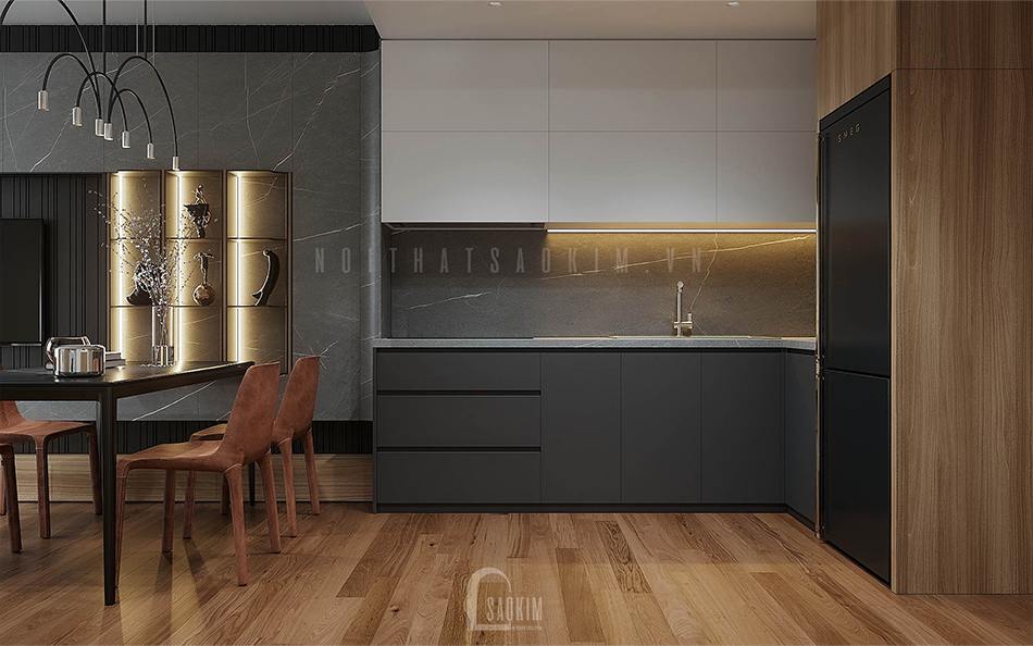 Thiết kế nội thất phòng bếp chung cư Vinhomes Smart City 2 ngủ + 1 bản phối hoàn hảo giữa gam màu nâu gỗ, xám, đen và trắng. Kệ trang trí đẹp cuốn hút và sang trọng
