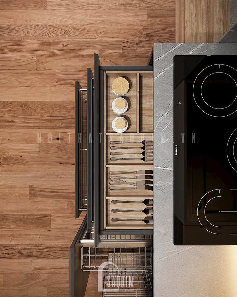 Thiết kế nội thất phòng bếp chung cư Vinhomes Smart City 2 ngủ + 1 bản phối hoàn hảo giữa gam màu nâu gỗ, xám, đen và trắng. Phụ kiện bếp thông minh được sử dụng cho căn bếp