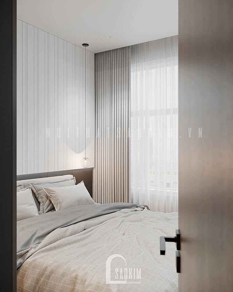 Thiết kế nội thất phòng ngủ master chung cư Vinhomes Smart City 2 ngủ + 1 bản phối hoàn hảo giữa gam màu nâu gỗ, xám, đen và trắng