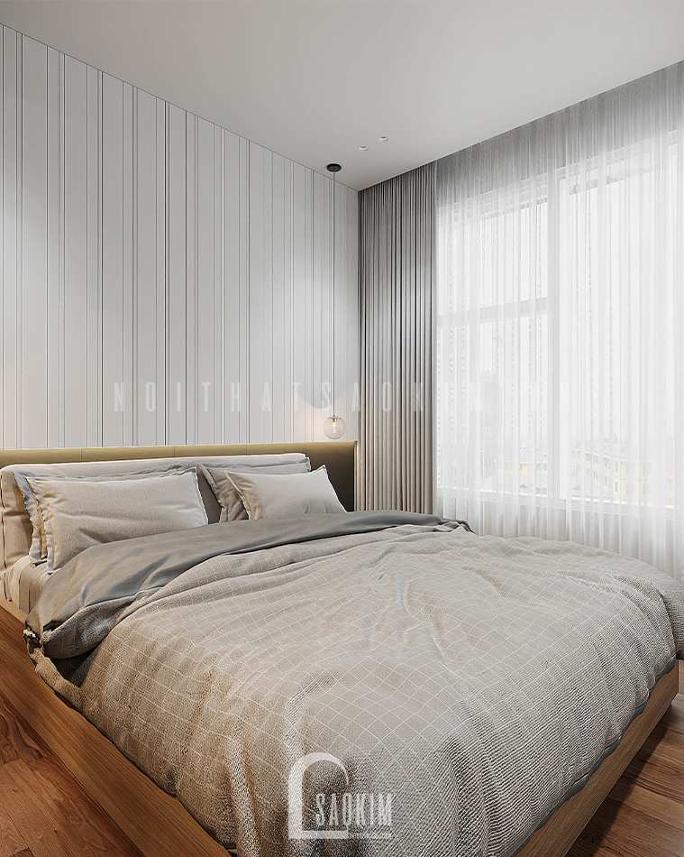 Thiết kế nội thất phòng ngủ master chung cư Vinhomes Smart City 2 ngủ + 1 bản phối hoàn hảo của những gam màu trung tính
