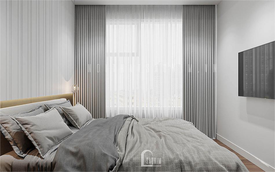 Thiết kế nội thất phòng ngủ master Vinhomes Smart City 2 ngủ + 1 bản phối hoàn hảo với gam màu trắng làm chủ đạo kết hợp màu xám và nâu gỗ