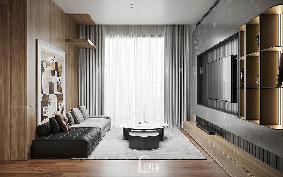 Thiết kế nội thất phòng khách chung cư Vinhomes Smart City 2 ngủ + 1 bản phối hoàn hảo giữa gam màu nâu gỗ, xám, đen và trắng