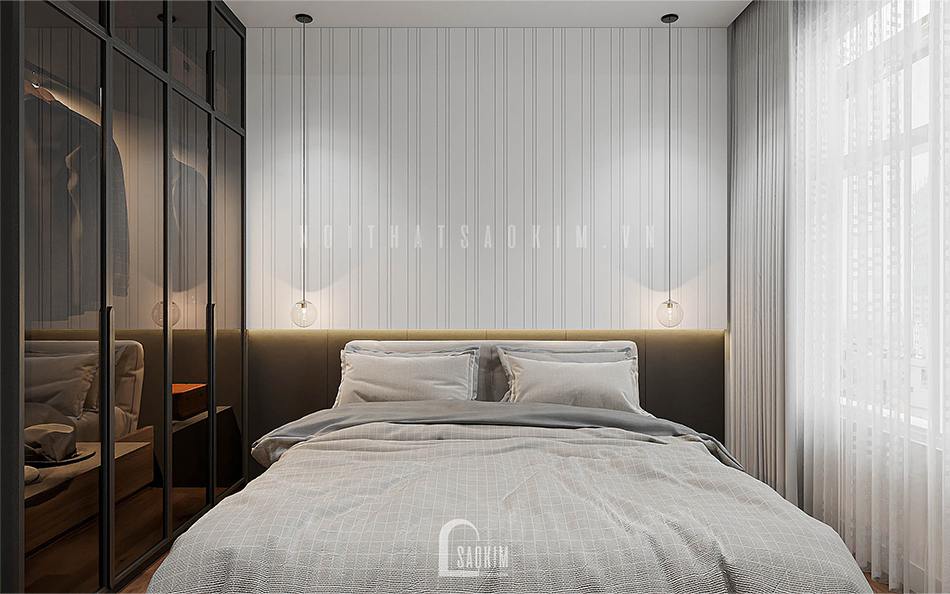 Thiết kế nội thất phòng ngủ master Vinhomes Smart City 2 ngủ + 1 bản phối hoàn hảo của những gam màu trung tính