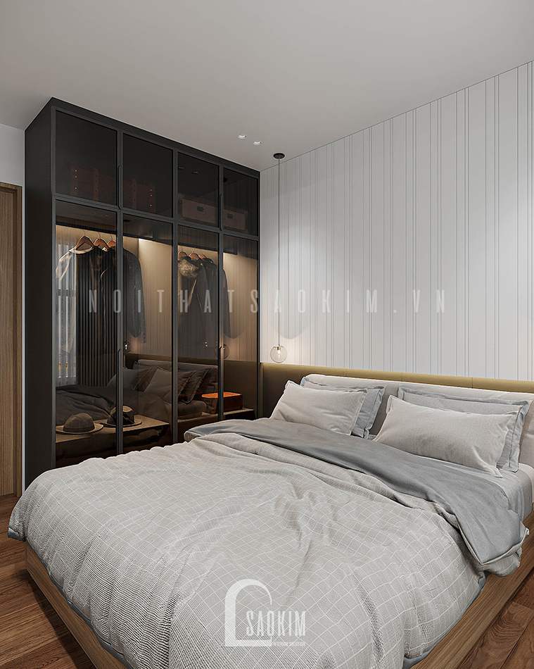 Thiết kế nội thất phòng ngủ master Vinhomes Smart City 2 ngủ + 1 sử dụng tủ quần áo cánh kính
