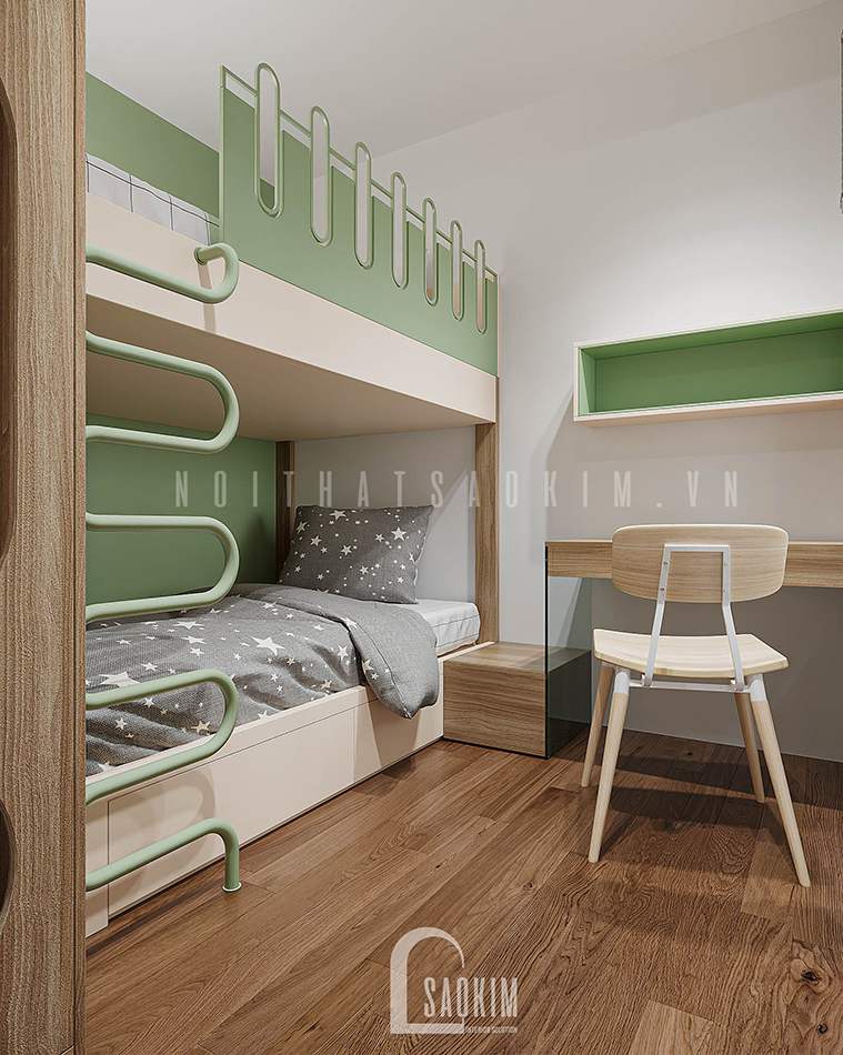 Thiết kế nội thất phòng ngủ cho bé Vinhomes Smart City 2 ngủ + 1 sử dụng hệ giường tầng với gam màu xanh lá và trắng