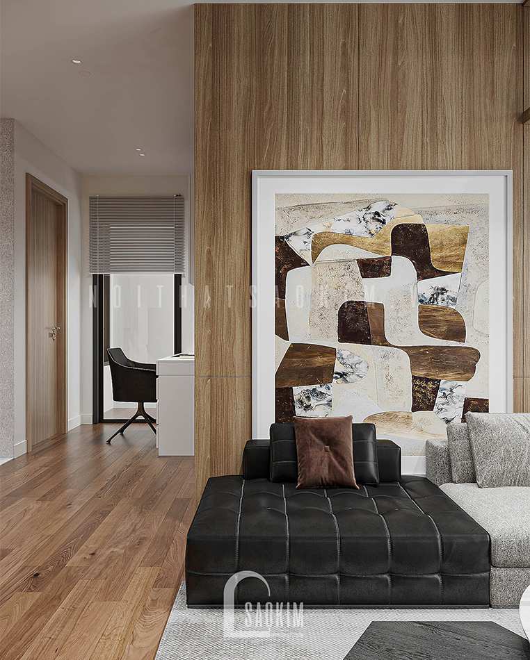 Thiết kế nội thất phòng khách chung cư Vinhomes Smart City 2 ngủ + 1 bản phối hoàn hảo giữa gam màu nâu gỗ, xám, đen và trắng