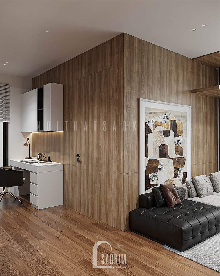 Thiết kế nội thất khu +1 chung cư Vinhomes Smart City 2 ngủ + 1 bản phối hoàn hảo giữa gam màu nâu gỗ, xám, đen và trắng. Không gian làm việc tại nhà được bố trí tại khu +1 của căn hộ