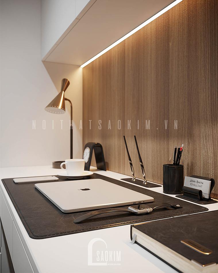Thiết kế nội thất khu +1 chung cư Vinhomes Smart City 2 ngủ + 1 bản phối hoàn hảo giữa gam màu nâu gỗ, xám, đen và trắng